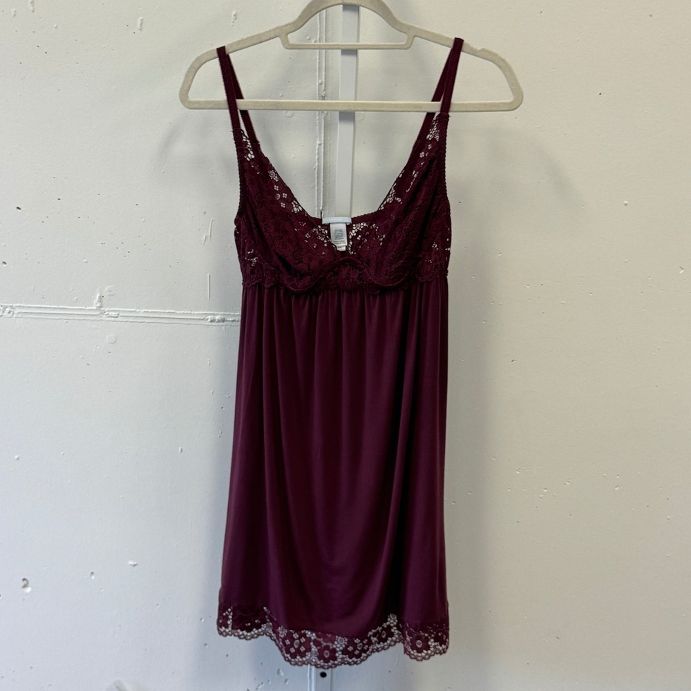 Eberjey Burgundy Lace Trim Modal Chemise Sleep Dress Womens Size Medium